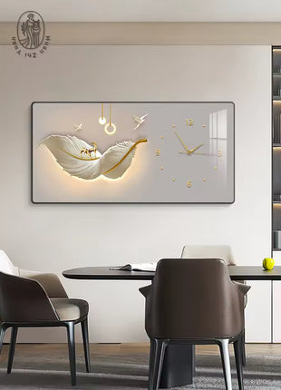 Luxury restaurant wall clock, stylish and silent, feather-themed Auspicious Flying Feathers A 80x40 cm