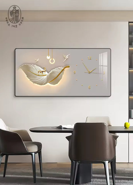 Luxury restaurant wall clock, stylish and silent, feather-themed Auspicious Flying Feathers A 80x40 cm