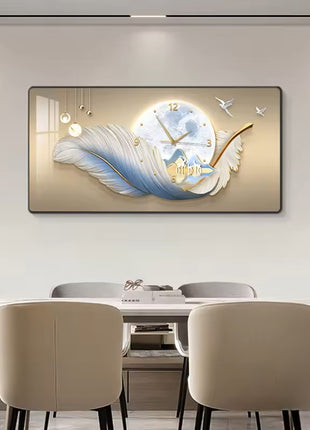 Luxury restaurant wall clock, stylish and silent, feather-themed Auspicious Flying Feathers E 60x30 cm