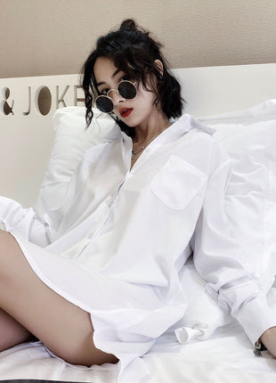 Chic Autumn Long Sleeve BF Style Oversize Shirt Dress Cardigan Pajama Top