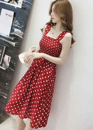 Chic Polka Dot Midi Slip Dress with Open Shoulders for Summer Style