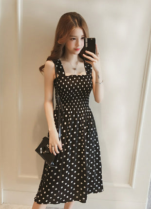 Chic Polka Dot Midi Slip Dress with Open Shoulders for Summer Style