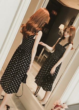 Chic Polka Dot Midi Slip Dress with Open Shoulders for Summer Style