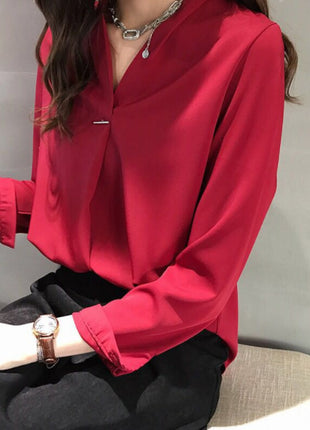 Elegant Autumn Shiffon Long-Sleeve V-Neck Blouse Top for Women