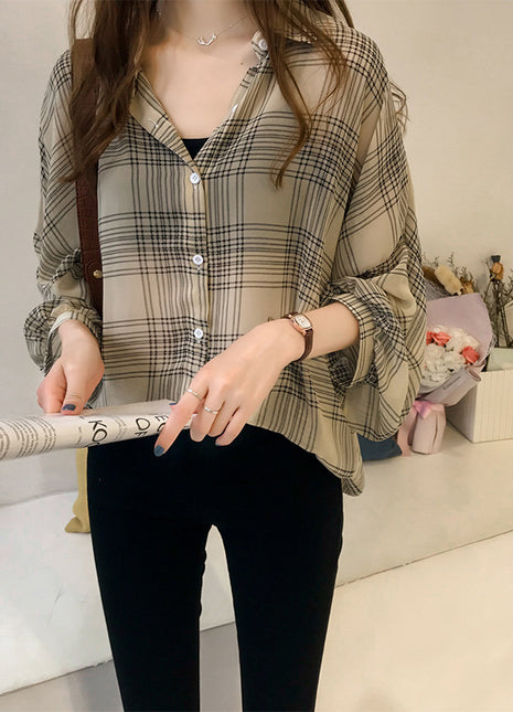 Chic Women's Plaid Shiffon Long-Sleeve Cardigan Shirt - Loose Fit Plus Size