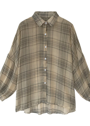 Chic Women's Plaid Shiffon Long-Sleeve Cardigan Shirt - Loose Fit Plus Size