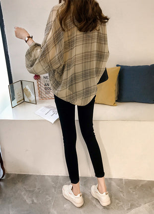 Chic Women's Plaid Shiffon Long-Sleeve Cardigan Shirt - Loose Fit Plus Size