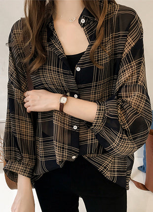 Chic Women's Plaid Shiffon Long-Sleeve Cardigan Shirt - Loose Fit Plus Size