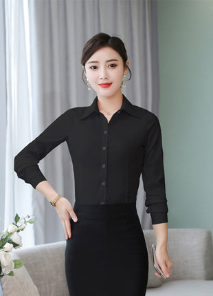 Chic Women's Korean Style Long-Sleeve Polyester Slim-Fit Button-Down Plus Size Blouse
