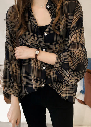 Chic Women's Plaid Shiffon Long-Sleeve Cardigan Shirt - Loose Fit Plus Size