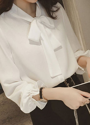 Chic Retro Bow Tie Long Sleeve Blouse - Korean Style Loose Fit Polyester Shirt