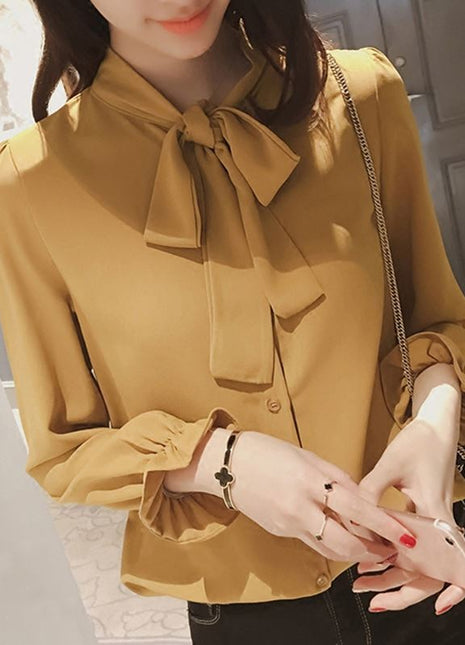Chic Retro Bow Tie Long Sleeve Blouse - Korean Style Loose Fit Polyester Shirt