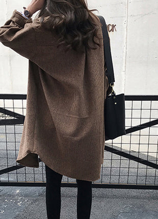 Fashionable Women's Loose Fit Corduroy Mid-Length Shirt Jacket for Casual Wear