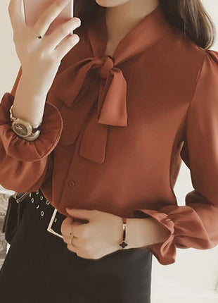Chic Retro Bow Tie Long Sleeve Blouse - Korean Style Loose Fit Polyester Shirt