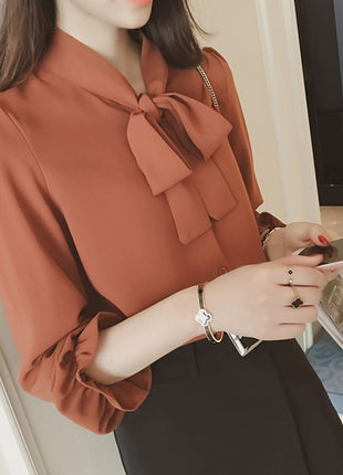 Chic Retro Bow Tie Long Sleeve Blouse - Korean Style Loose Fit Polyester Shirt