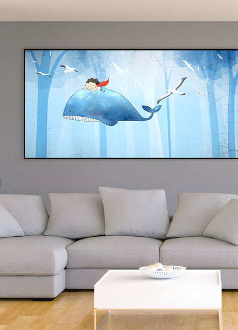 2D Flat, 1pc Large Modern Minimalist Whale Wall Art - Ocean Painting with Whale,  Framed Canvas Print in Sky Blue, for Living Room, Bedroom, Office Decor - Easy Hang Marine Life Poster Sea Decor, Home Decoration