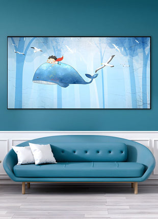2D Flat, 1pc Large Modern Minimalist Whale Wall Art - Ocean Painting with Whale,  Framed Canvas Print in Sky Blue, for Living Room, Bedroom, Office Decor - Easy Hang Marine Life Poster Sea Decor, Home Decoration