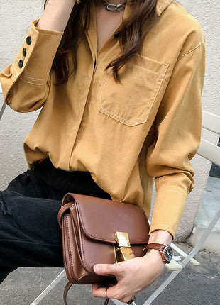 Retro Oversize Long-Sleeve Shirt for Women, Soft Cotton Blend, Versatile Style
