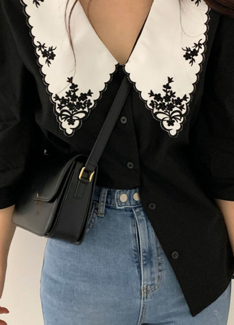 Korean Chic Retro Embroidered Color Block Loose Bubble Sleeve Short Sleeve Shirt