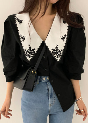Korean Chic Retro Embroidered Color Block Loose Bubble Sleeve Short Sleeve Shirt