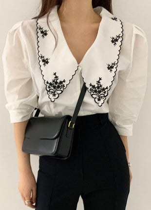 Korean Chic Retro Embroidered Color Block Loose Bubble Sleeve Short Sleeve Shirt