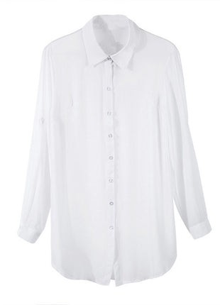 Elegant Sheer Polyester Button-Down Sleep Shirt for Women - Plus Size Loose Fit
