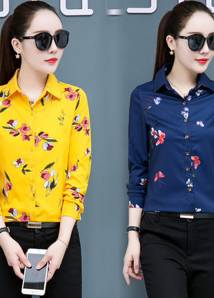 Elegant Floral Chiffon Long-Sleeve Shirt for Women - Korean Style Plus Size Blouse