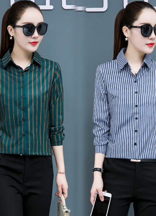Elegant Striped Chiffon Long-Sleeve Slim-Fit Blouse Office Commuter Shirt