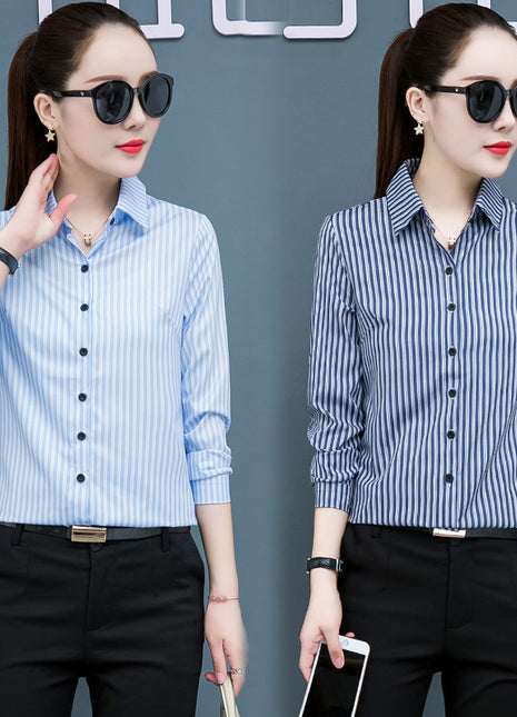 Elegant Striped Chiffon Long-Sleeve Slim-Fit Blouse Office Commuter Shirt