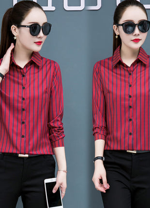 Elegant Striped Chiffon Long-Sleeve Slim-Fit Blouse Office Commuter Shirt