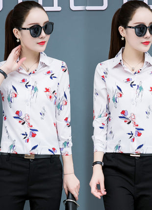 Elegant Floral Chiffon Long-Sleeve Shirt for Women - Korean Style Plus Size Blouse