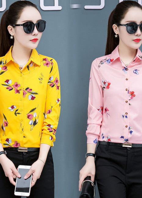 Elegant Floral Chiffon Long-Sleeve Shirt for Women - Korean Style Plus Size Blouse
