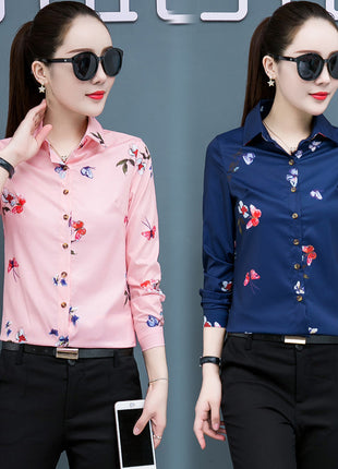 Elegant Floral Chiffon Long-Sleeve Shirt for Women - Korean Style Plus Size Blouse