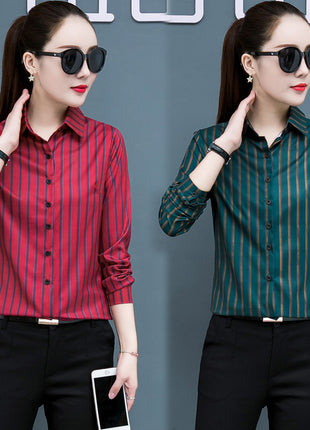 Elegant Striped Chiffon Long-Sleeve Slim-Fit Blouse Office Commuter Shirt