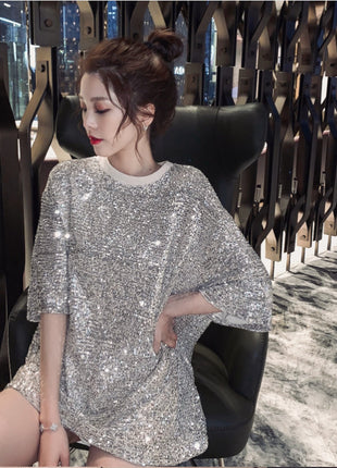 Sparkling Sequin Loose Fit Short Sleeve T-Shirt Dress for Effortless Style