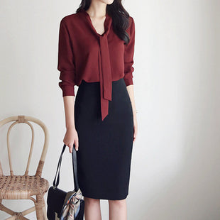 Elegant V-Neck Chiffon Blouse with Ribbon Tie - Loose Fit Long Sleeve Top