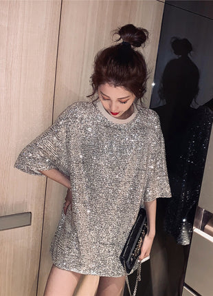 Sparkling Sequin Loose Fit Short Sleeve T-Shirt Dress for Effortless Style