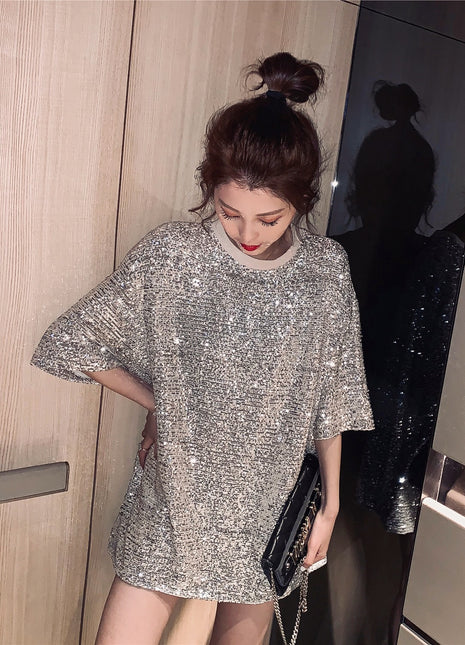Sparkling Sequin Loose Fit Short Sleeve T-Shirt Dress for Effortless Style