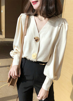 Chic Autumn Retro V-Neck Polyester Lantern Sleeve Loose Blouse Shirt
