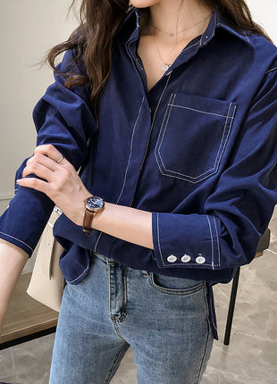 Retro Oversize Long-Sleeve Shirt for Women, Soft Cotton Blend, Versatile Style