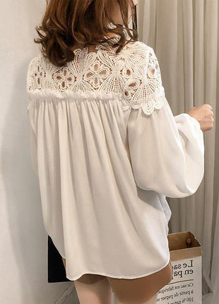 Elegant Korean Style Plus Size Lace Chiffon Long-Sleeve Blouse for Autumn