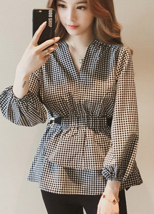 Chic Korean Style V-Neck Plaid Long-Sleeve Slim Fit Blouse Shirt for Women