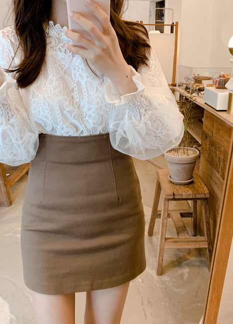 Chic Retro Lace Puff Sleeve Blouse Elegant Mesh Stand Collar Long Sleeve Top