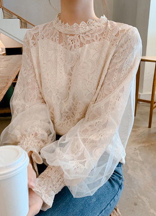 Chic Retro Lace Puff Sleeve Blouse Elegant Mesh Stand Collar Long Sleeve Top