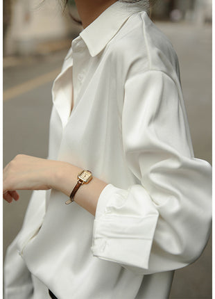 Elegant Women's Satin Button-Down Blouse - Retro Long Sleeve Professional Shirt Top