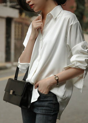 Elegant Women's Satin Button-Down Blouse - Retro Long Sleeve Professional Shirt Top