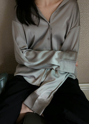 Elegant Women's Satin Button-Down Blouse - Retro Long Sleeve Professional Shirt Top