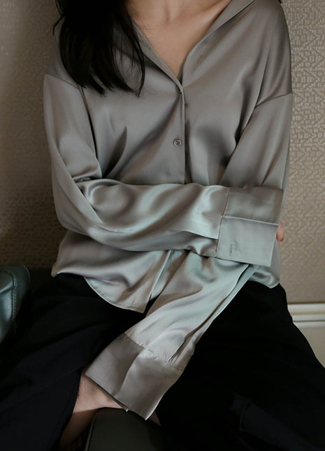 Elegant Women's Satin Button-Down Blouse - Retro Long Sleeve Professional Shirt Top