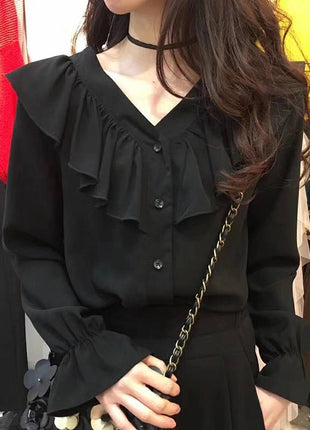 Elegant Chiffon V-Neck Ruffle Long Sleeve Blouse - Versatile Western Style Autumn Top