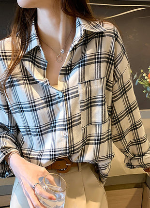 Chic Retro Plaid Oversized Shirt Jacket for Women - Casual Autumn Outerwear